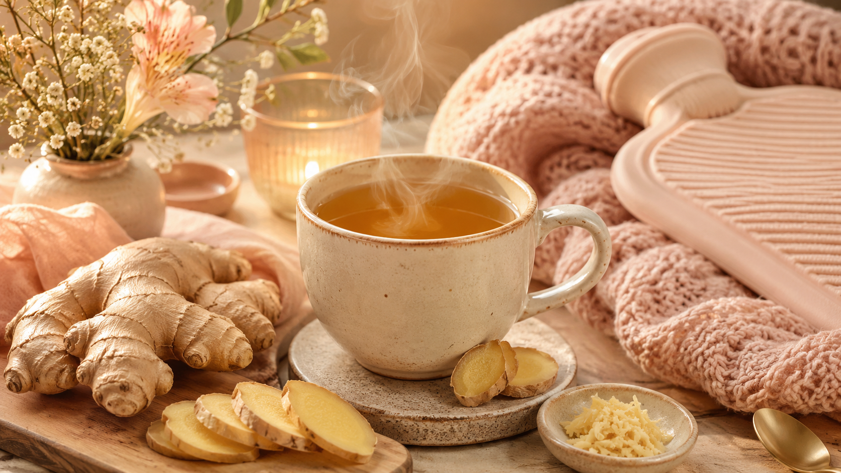 Steaming cup of tea with ginger slices, cozy blanket, and flowers.