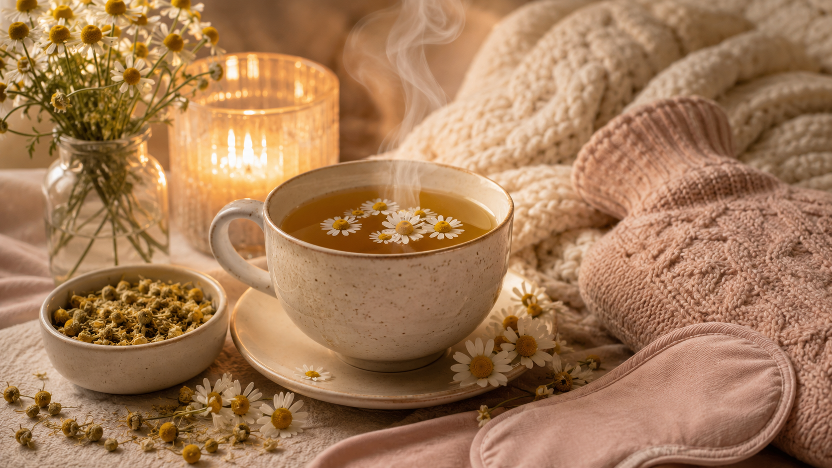 Steaming chamomile tea with flowers, candle, dried chamomile, knitted blanket, and eye mask.