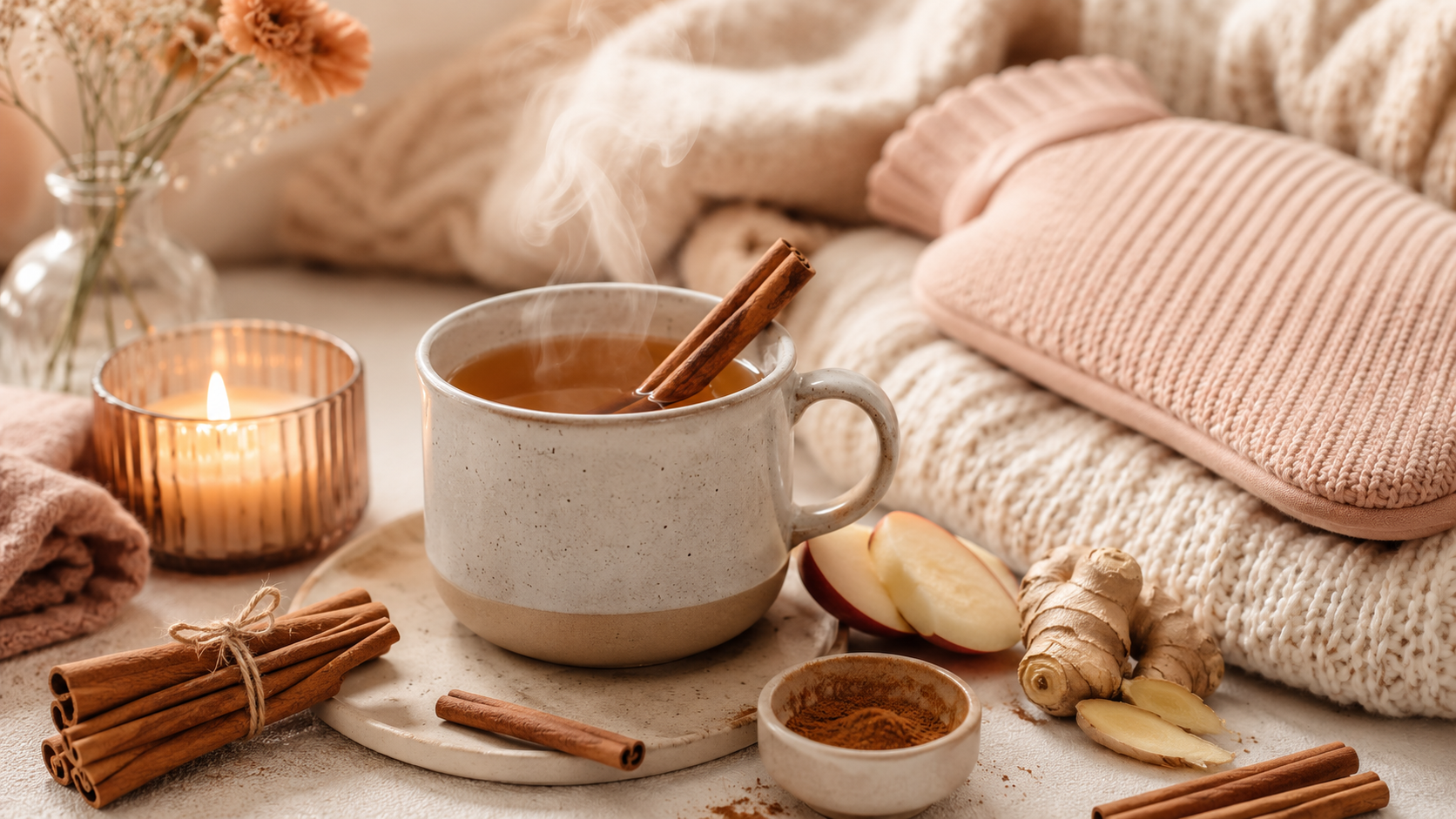 Cozy setting with a steaming cup of tea, cinnamon sticks, ginger, apple slices, and a hot water bottle.