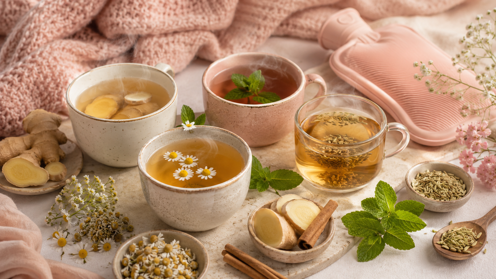 Assorted herbal teas with ginger, chamomile, and mint, surrounded by spices and a pink hot water bottle.