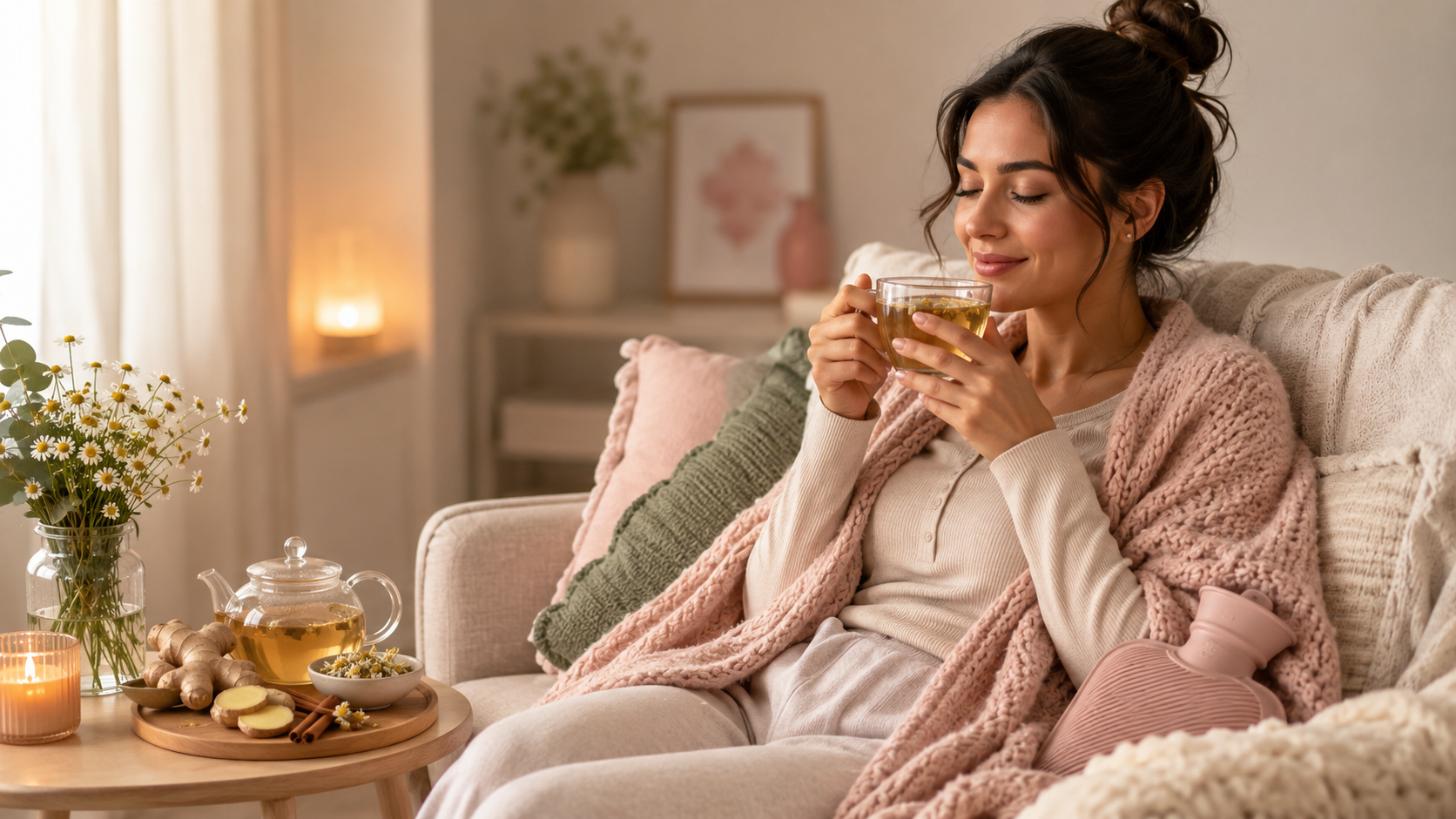 Woman enjoying herbal tea on a cozy sofa with candles and a teapot nearby.