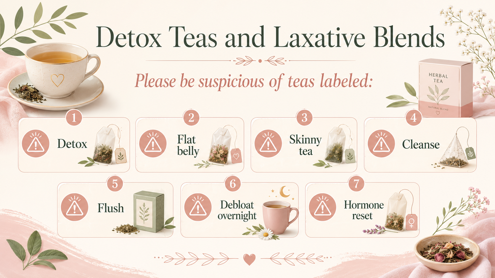 Detox teas and laxative blends warning; be suspicious of teas labeled: Detox, Flat belly, Skinny tea, Cleanse, Flush, Debl...