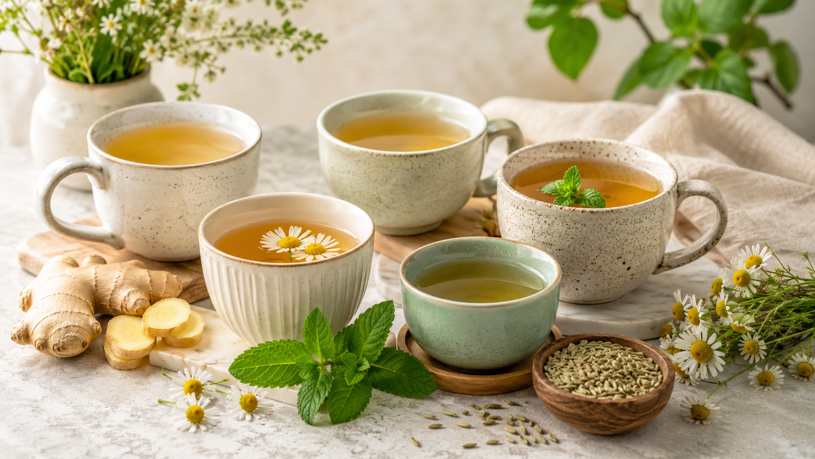 Assorted herbal teas in ceramic cups with ginger, chamomile, mint, and fennel seeds on a table.
