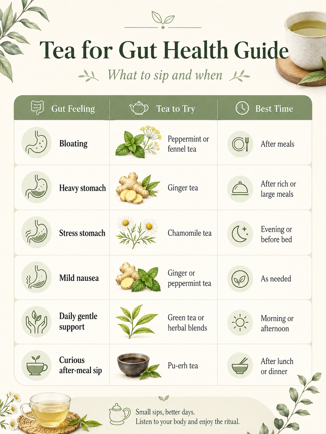 Tea for Gut Health Guide with tea recommendations for bloating, heavy stomach, stress stomach, mild nausea, daily support,...