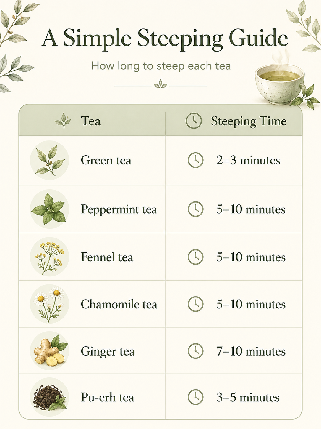 A simple steeping guide for tea with times for green, peppermint, fennel, chamomile, ginger, and Pu-erh.