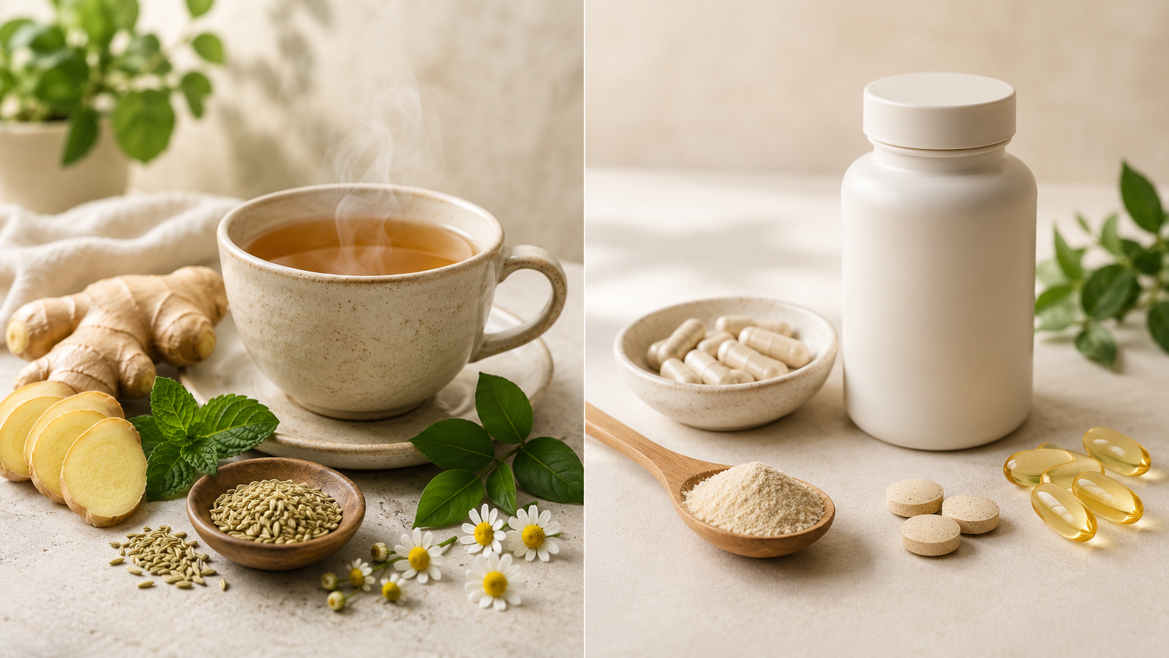 Herbal tea with ginger and chamomile on the left; supplements and powders on the right.