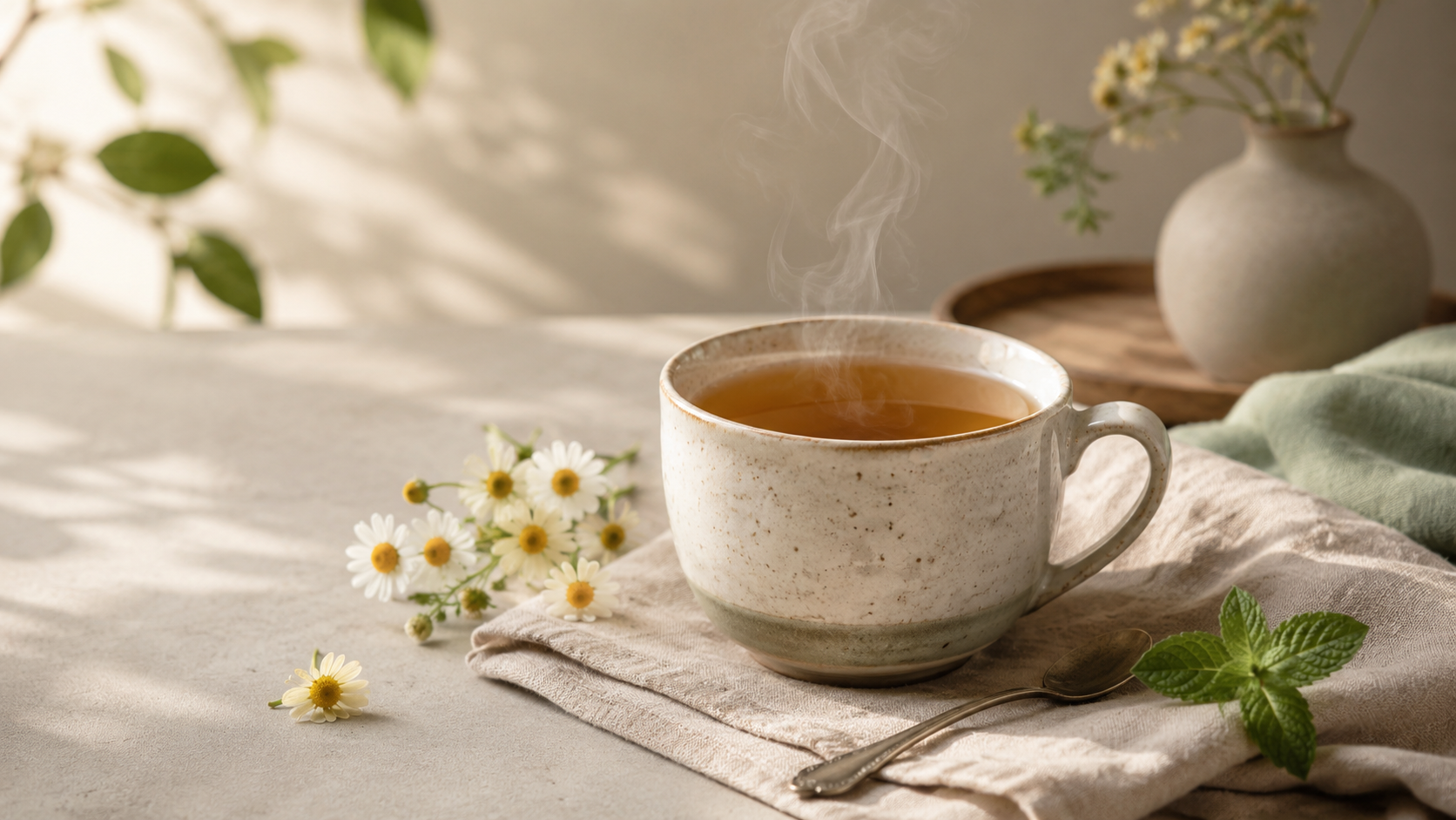 Steaming cup of tea on a cloth with chamomile flowers and mint leaves nearby.
