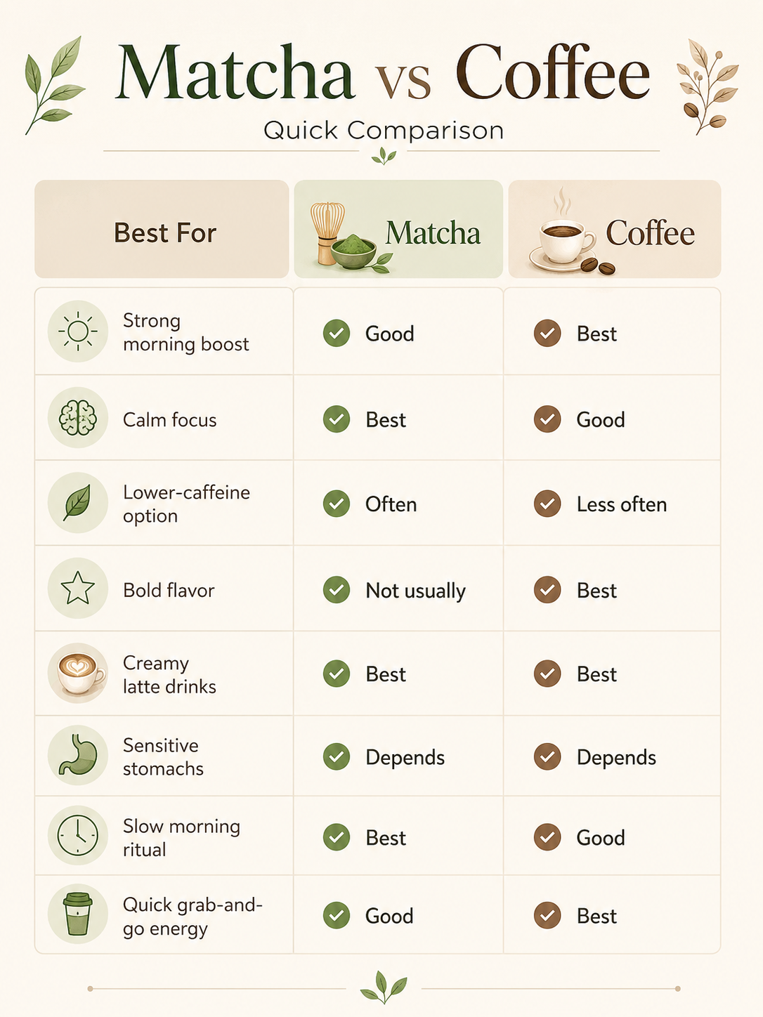 Matcha vs Coffee comparison chart with categories: morning boost, focus, caffeine, flavor, creamy drinks, sensitive stomac...