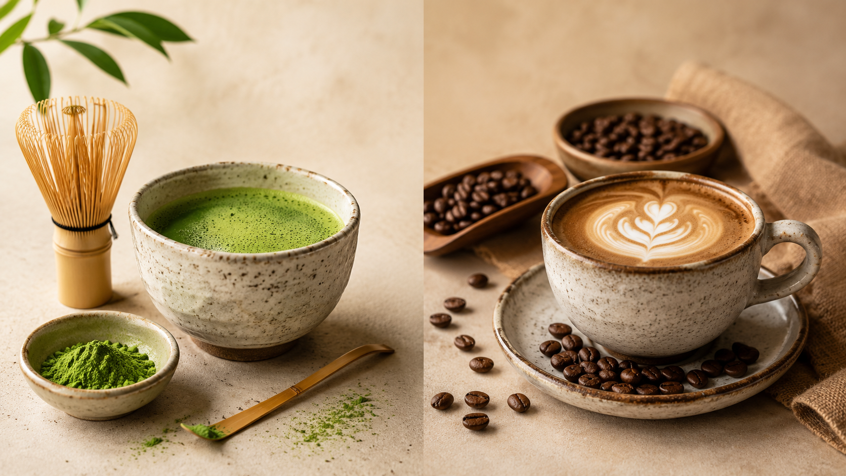 Matcha tea with whisk and powder next to a latte with latte art and coffee beans.