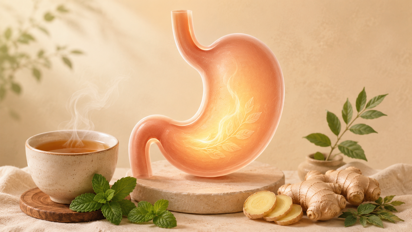 Steaming cup of tea with ginger, mint leaves, and a glowing stomach model.
