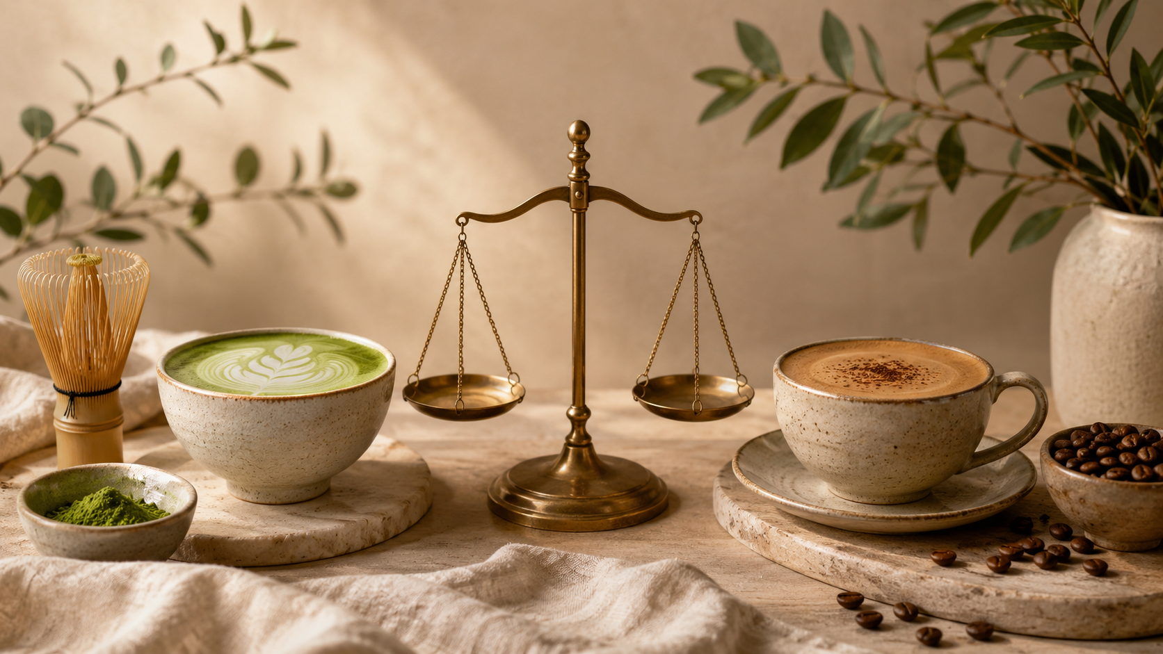 Matcha and coffee cups with a balance scale, surrounded by leaves and coffee beans.