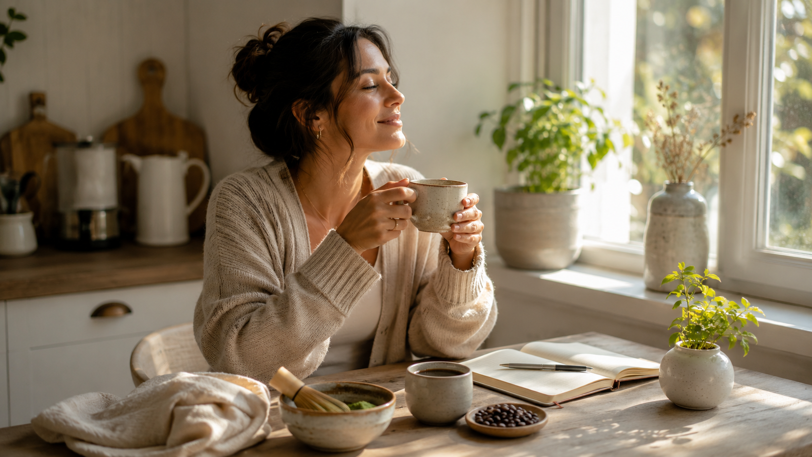 Woman enjoying tea by a sunny kitchen window, surrounded by plants and a notebook.