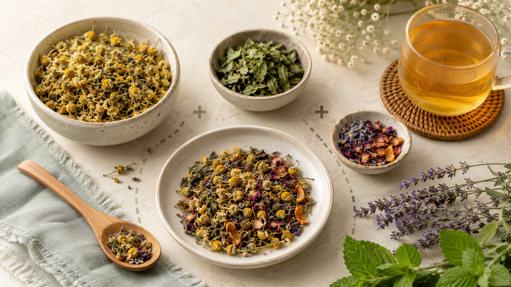 Herbal tea ingredients and a cup of brewed tea on a table with flowers and herbs.