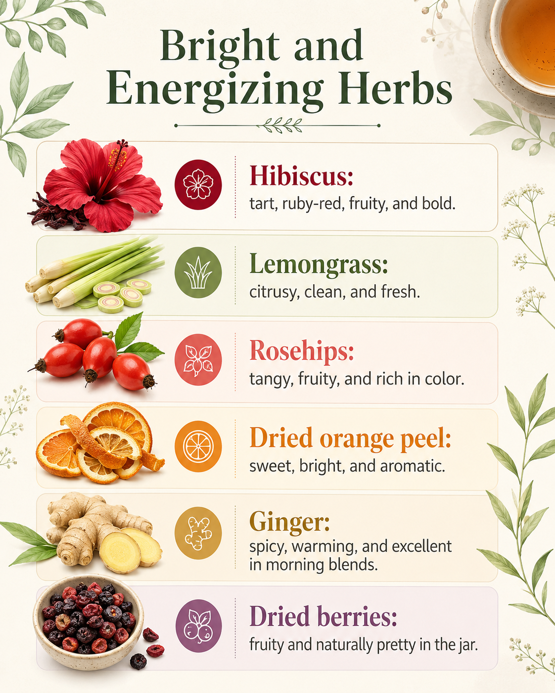 Bright and Energizing Herbs list with images: Hibiscus, Lemongrass, Rosehips, Dried orange peel, Ginger, Dried berries.