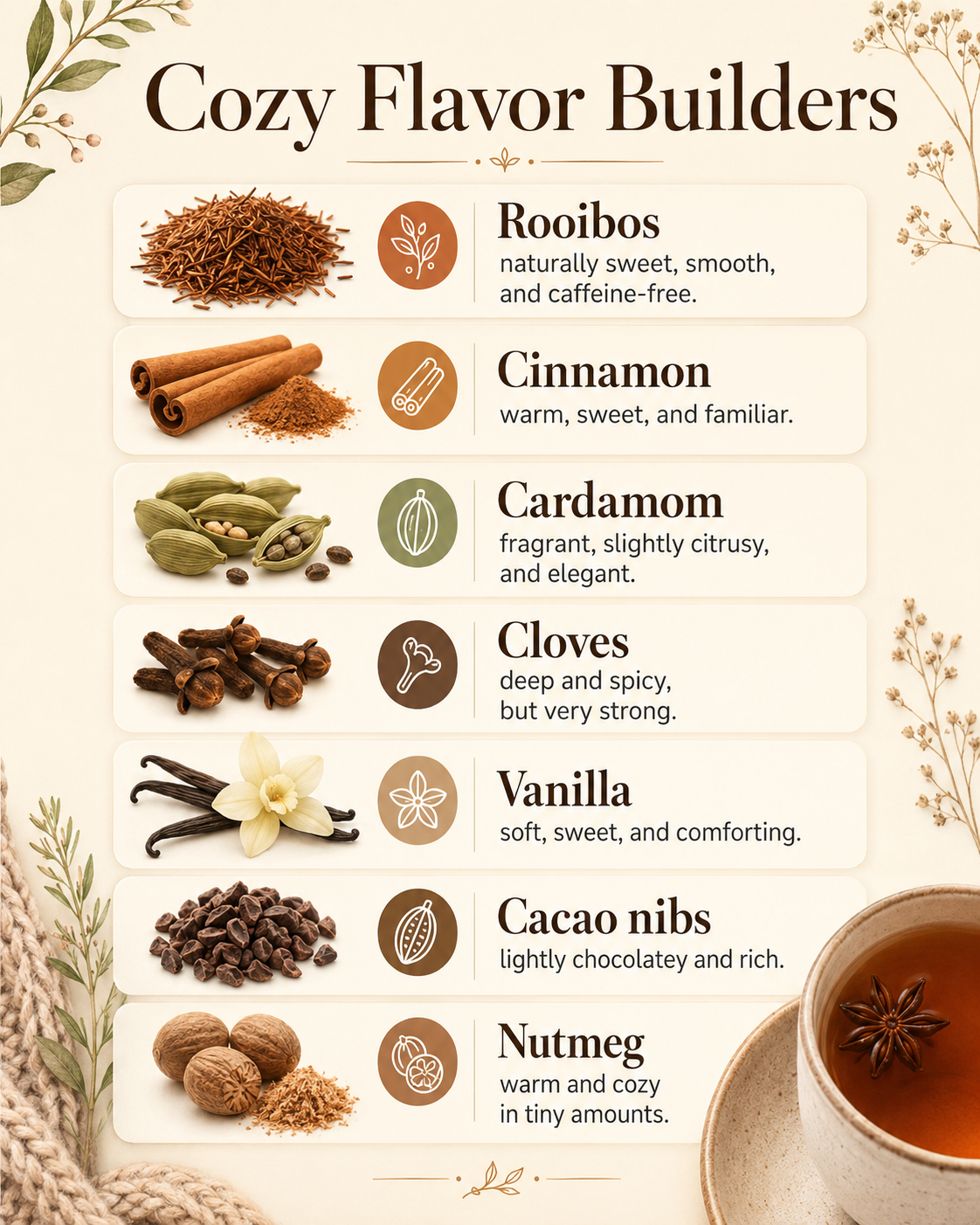 Cozy Flavor Builders: Rooibos, Cinnamon, Cardamom, Cloves, Vanilla, Cacao nibs, Nutmeg.