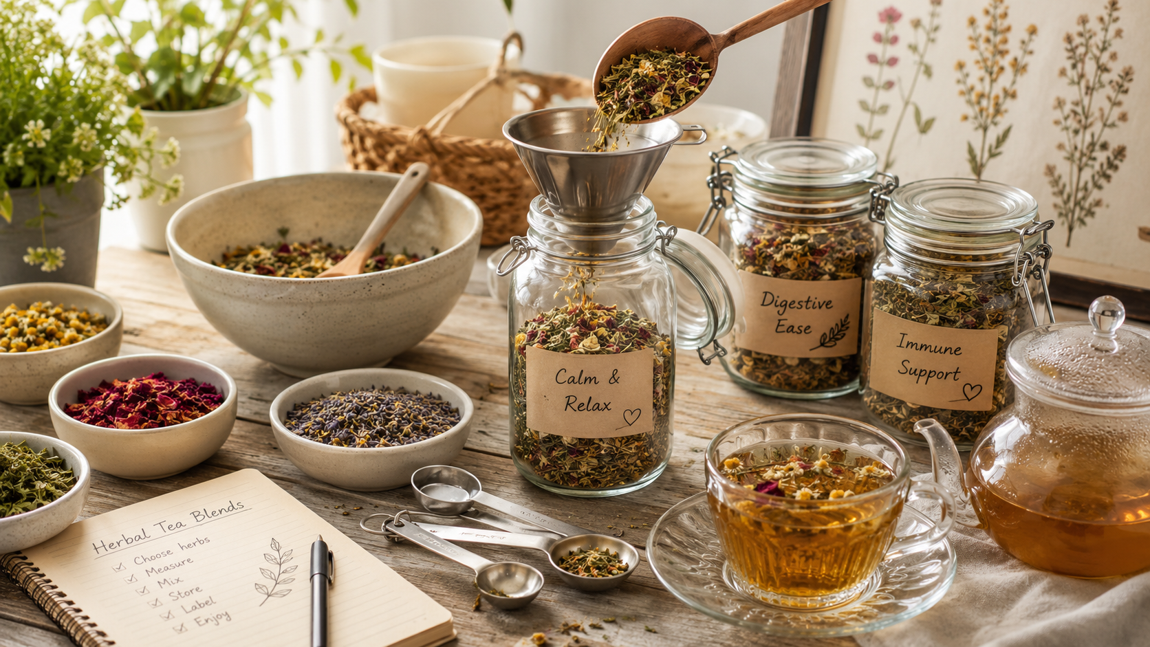 Herbal tea blends with jars labeled "Calm & Relax," "Digestive Ease," and "Immune Support," surrounded by bowls of dried h...