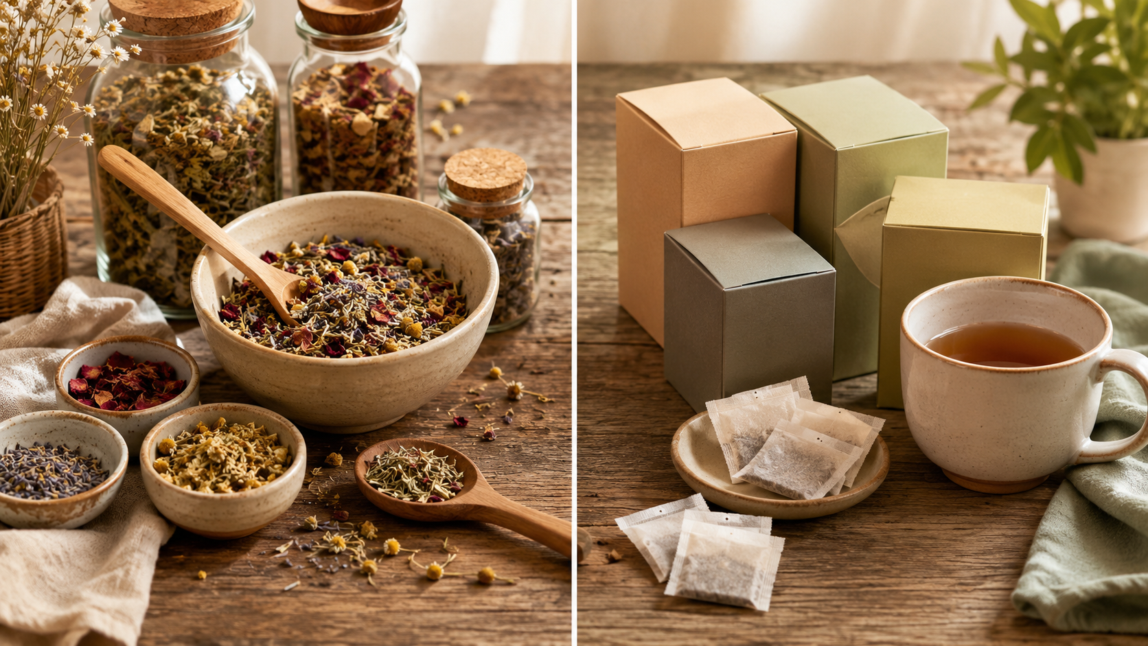 Herbal tea ingredients and packaged tea with a cup on a wooden table.