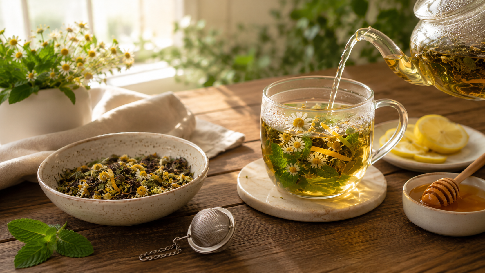 Herbal tea with chamomile flowers in a glass cup, surrounded by fresh ingredients and sunlight.