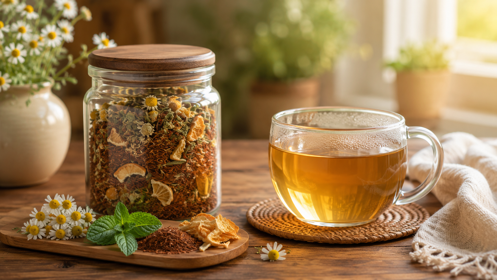 Glass mug of herbal tea with a jar of dried herbs and flowers on a wooden table.