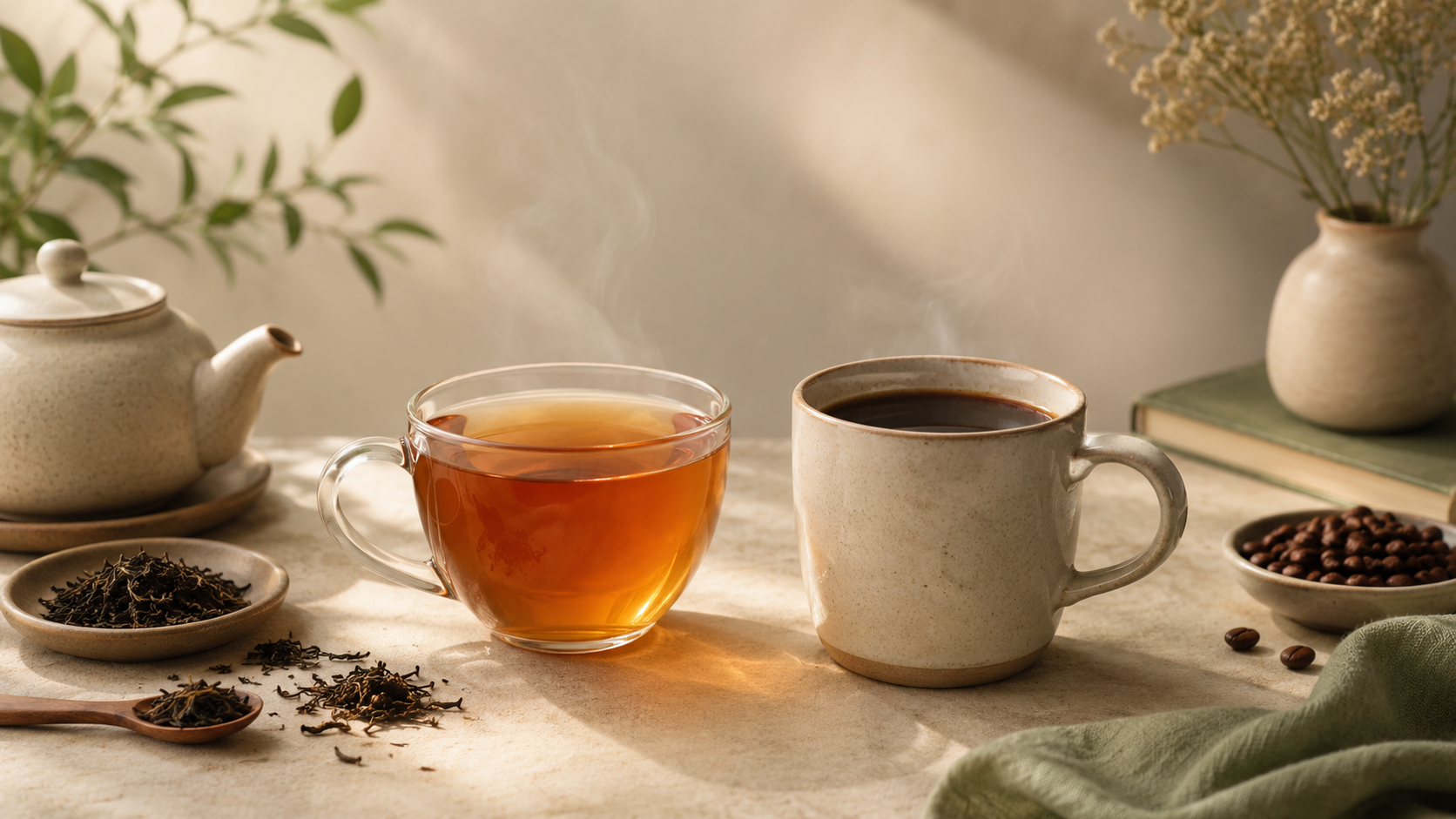Steaming cups of tea and coffee on a table with a teapot, dried leaves, and coffee beans.