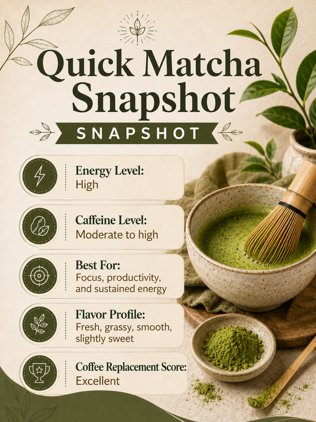 Quick Matcha Snapshot infographic with energy and caffeine levels, benefits, flavor profile, and coffee replacement score.