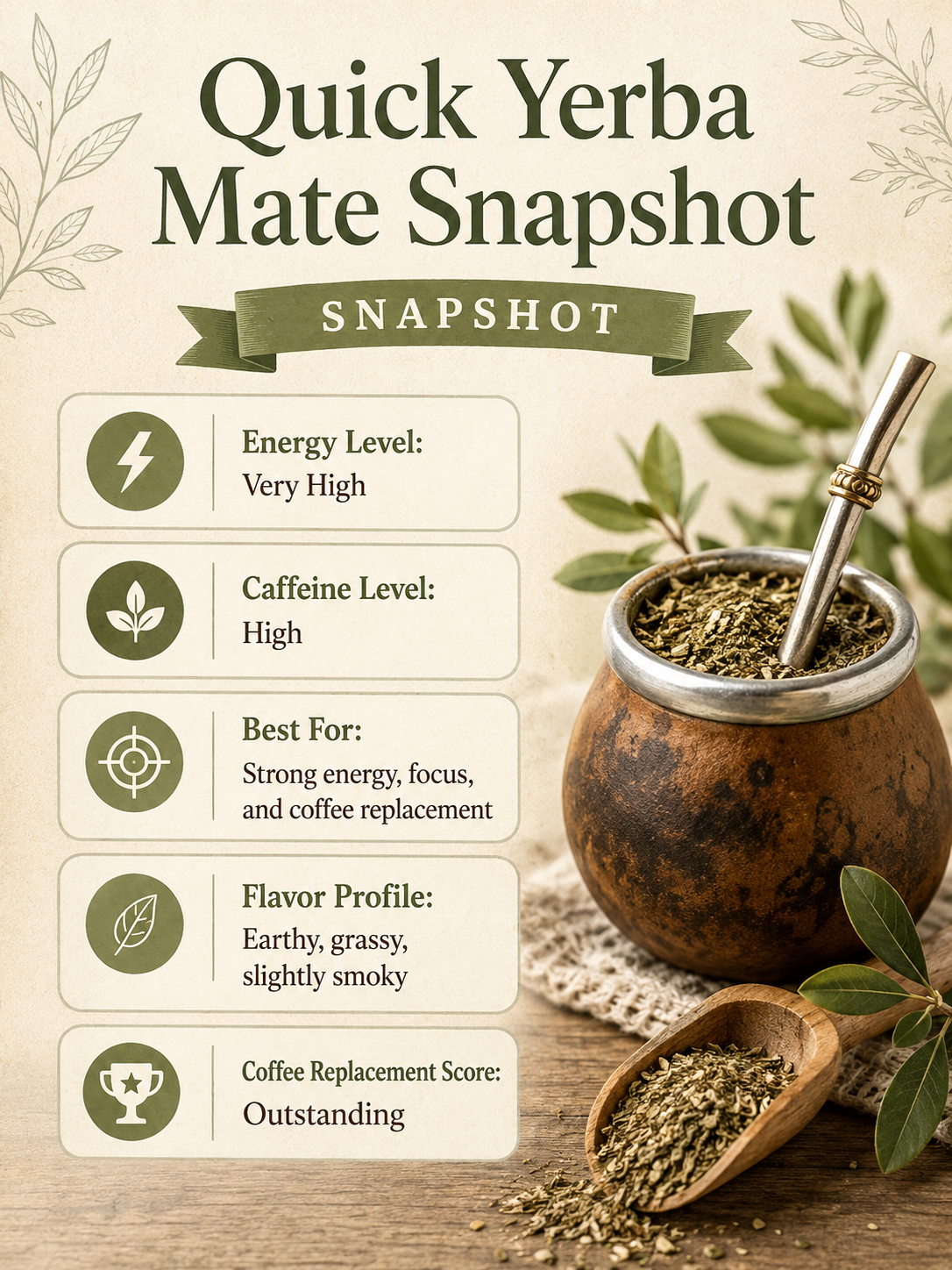 Quick Yerba Mate Snapshot infographic with energy level, caffeine level, best for energy and focus, earthy flavor profile,...