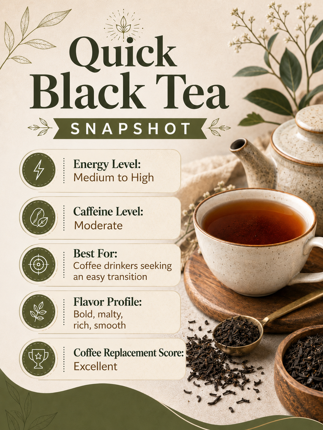 Quick Black Tea Snapshot with energy level, caffeine level, best for, flavor profile, and coffee replacement score details.