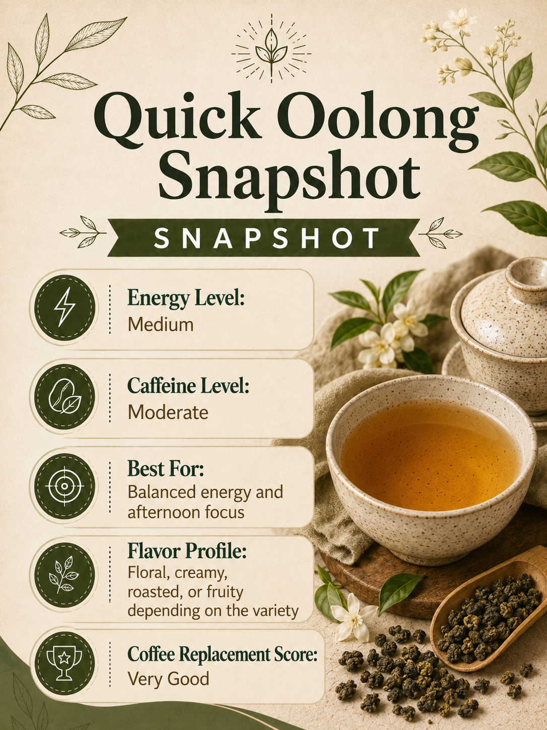 Quick Oolong Snapshot infographic with tea, energy level medium, caffeine moderate, floral flavor.
