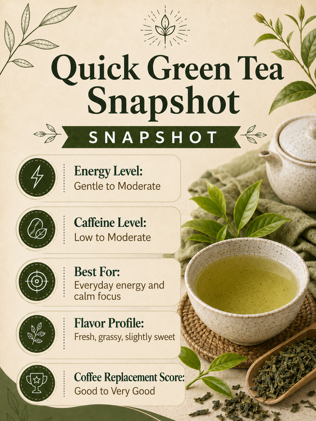 Quick Green Tea Snapshot infographic with energy, caffeine, flavor, and coffee replacement details.
