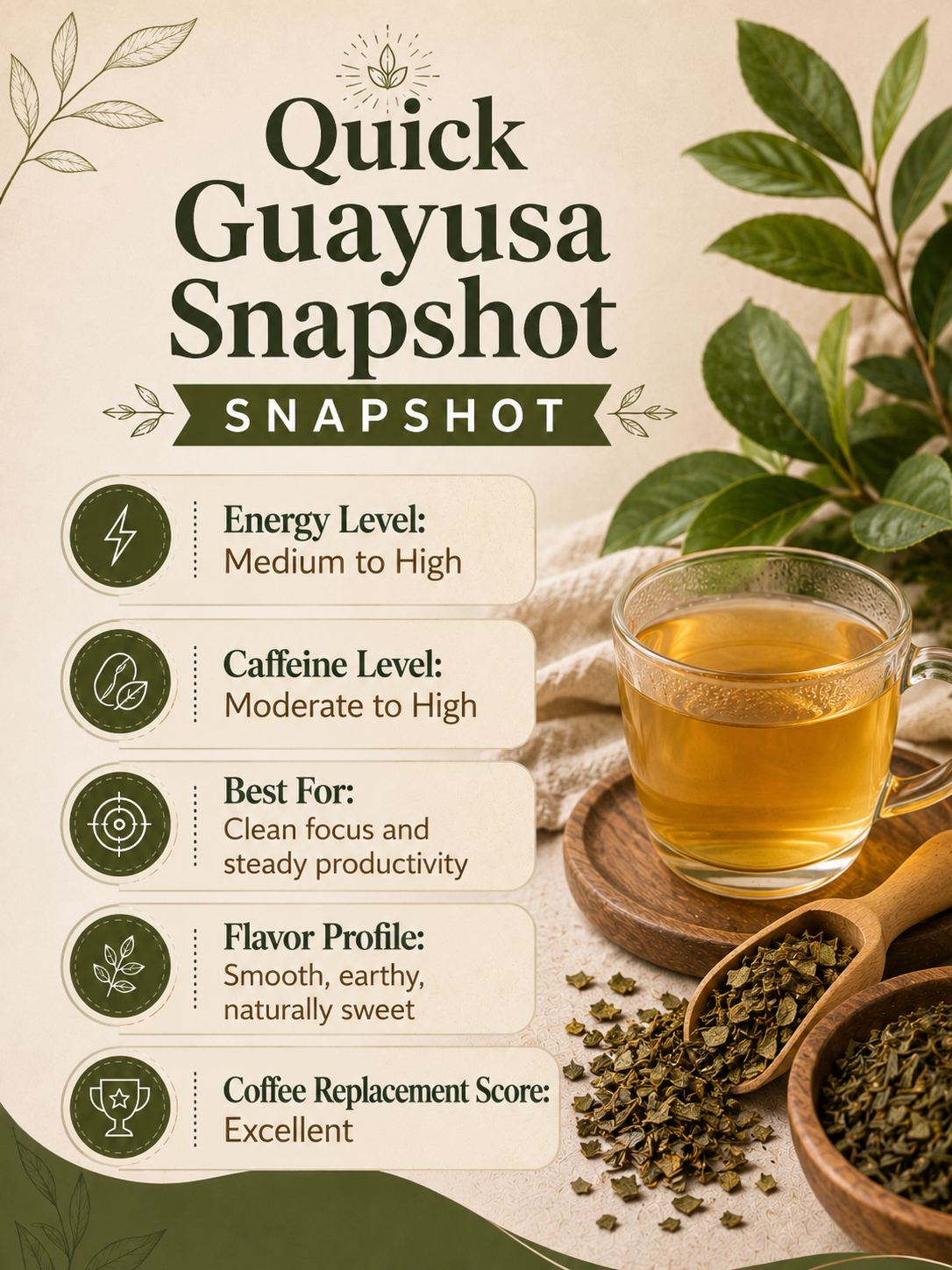 Quick Guayusa Snapshot infographic with tea cup, leaves, and benefits listed.