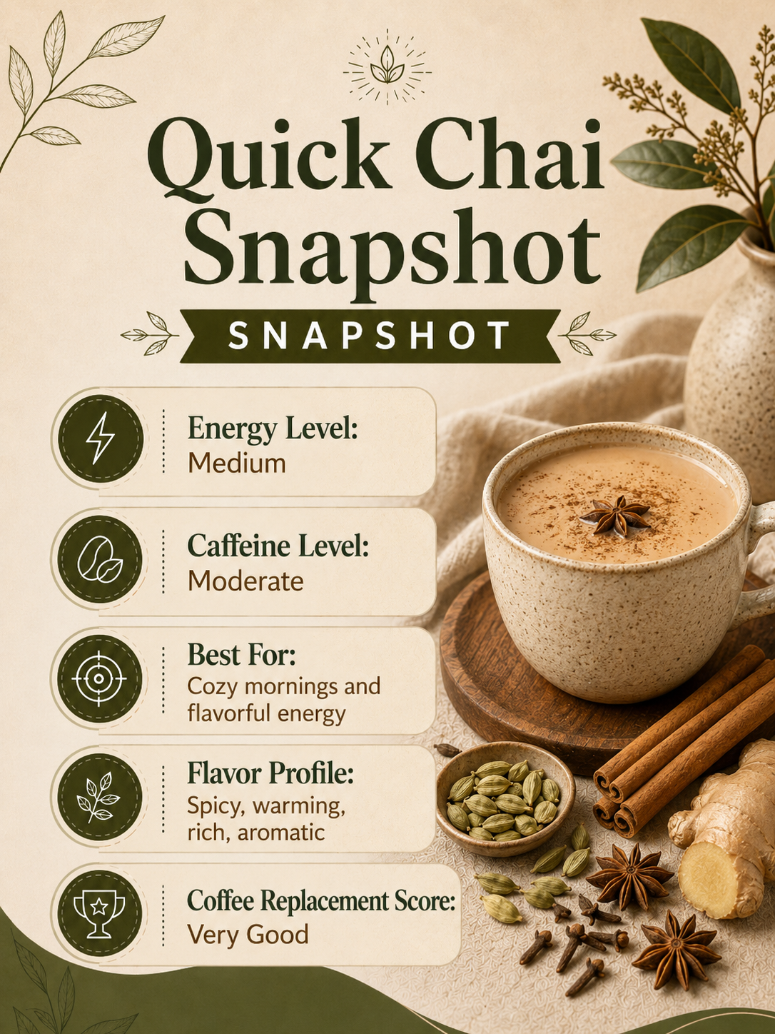 Quick Chai Snapshot infographic with energy level, caffeine level, best for cozy mornings, flavor profile, and coffee repl...