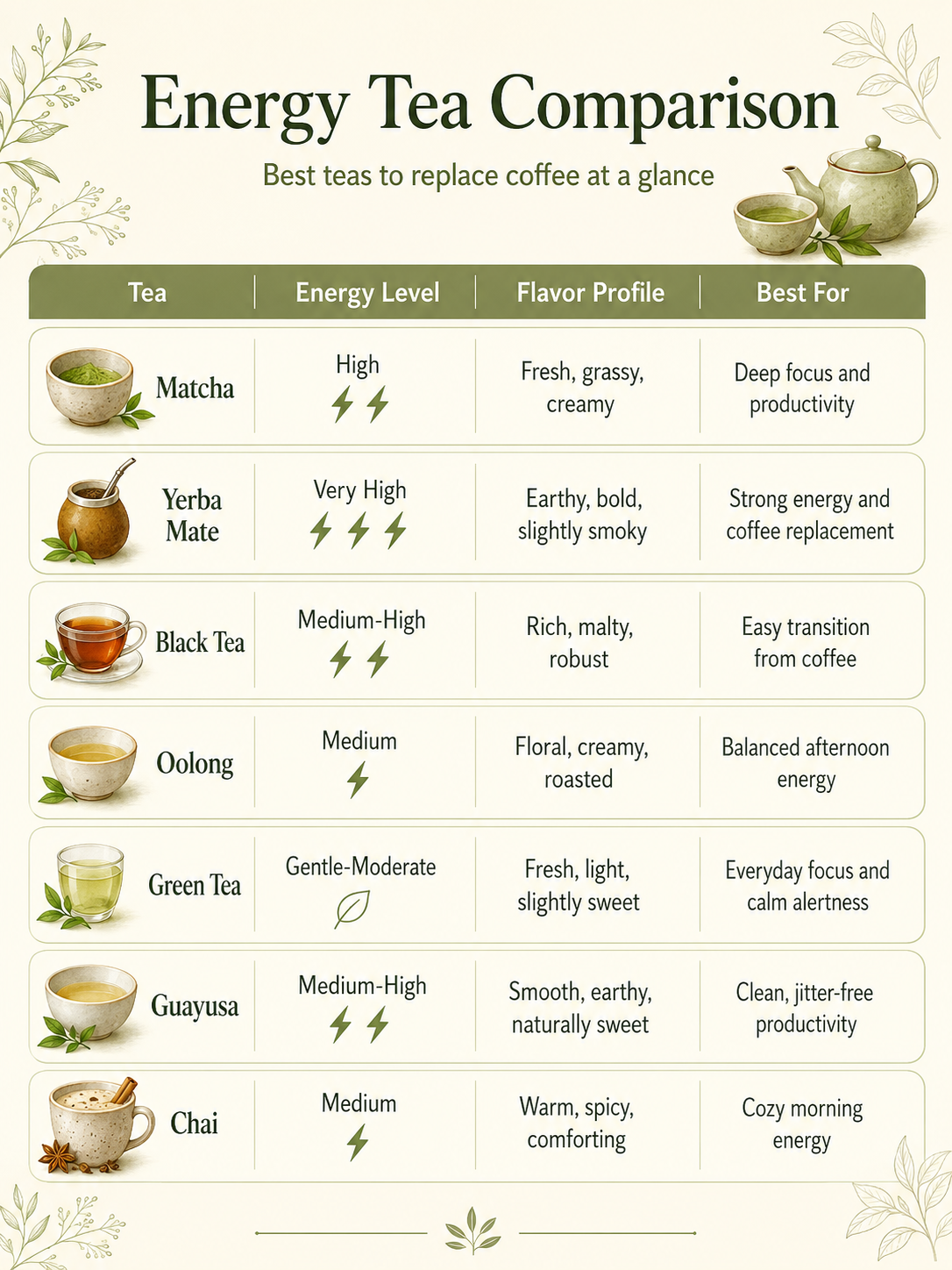 Energy tea comparison chart with tea types, energy levels, flavor profiles, and best uses.