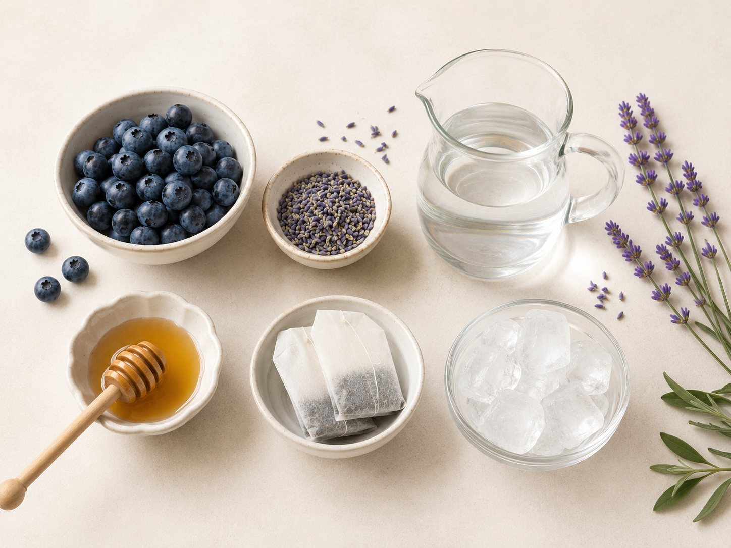 Blueberries, lavender, honey, tea bags, ice, and water pitcher arranged on a light surface.