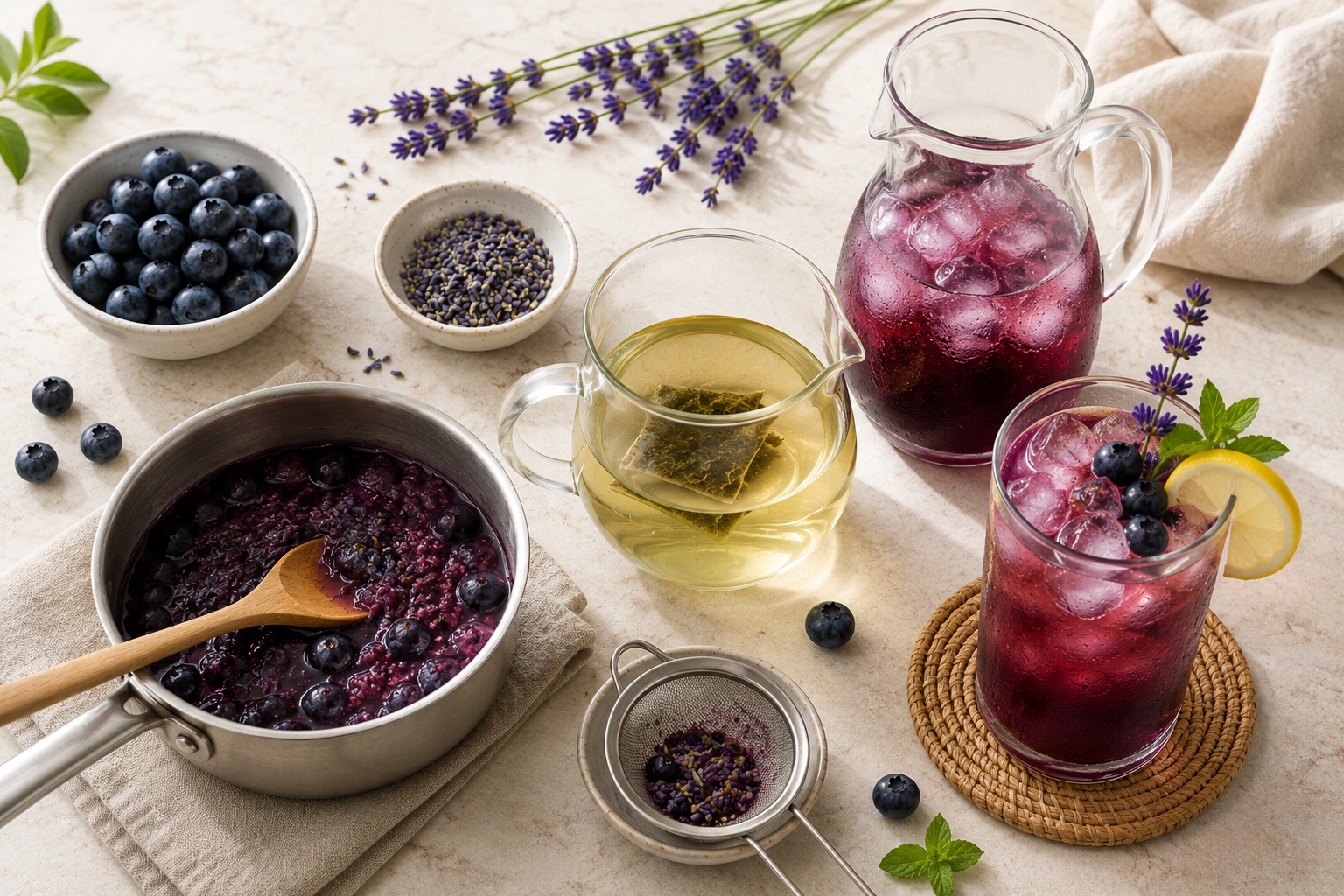 Blueberry and lavender tea setup with iced tea, fresh blueberries, and a saucepan of blueberry mixture.
