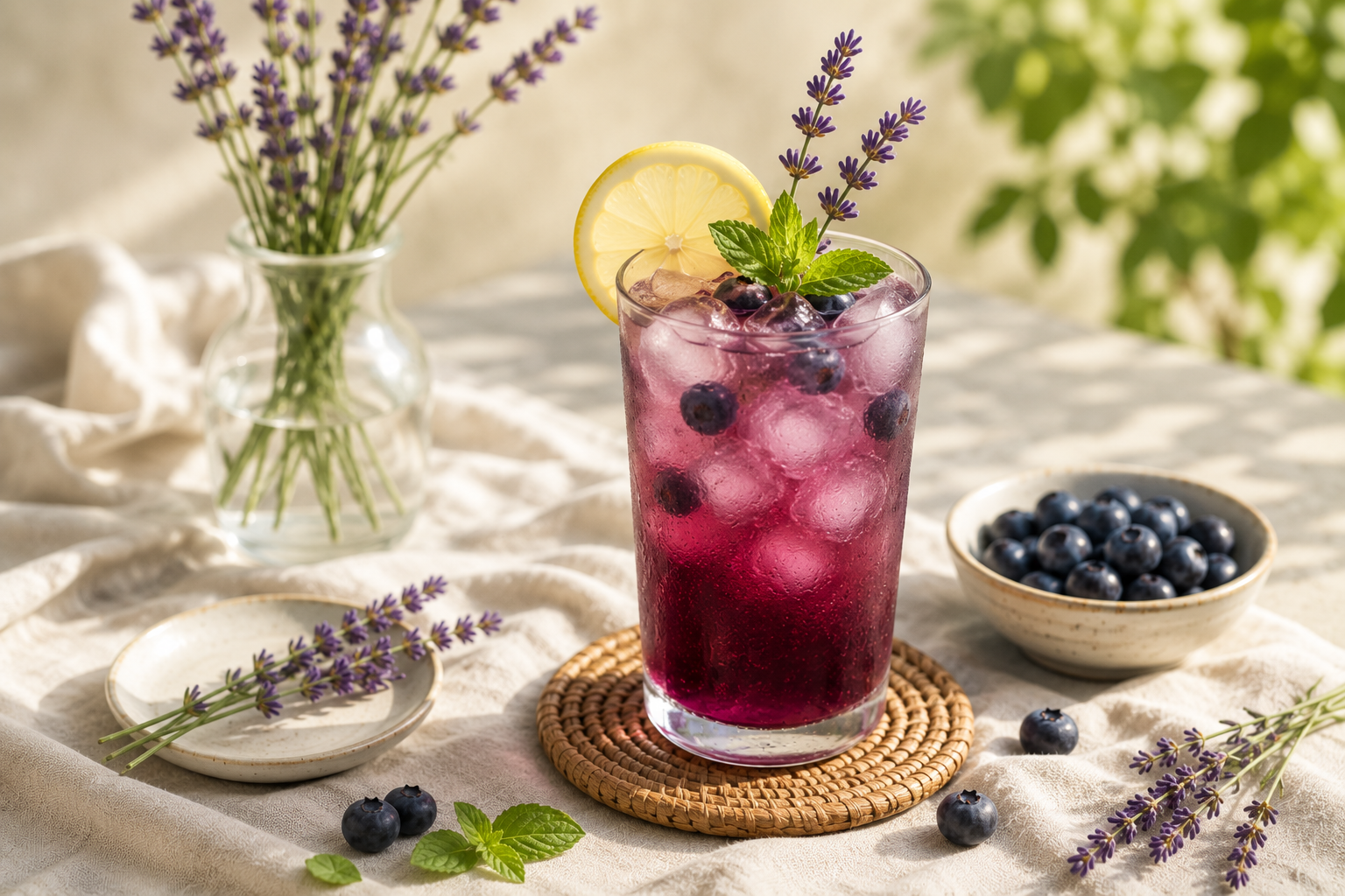 Iced blueberry lavender tea with lemon slice and mint, surrounded by fresh lavender and blueberries.
